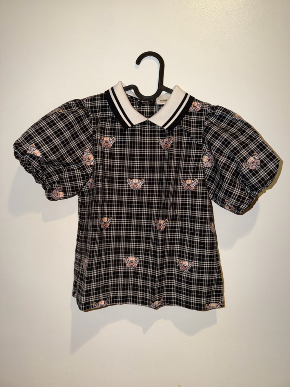 Burberry Black Plaid Puff-Sleeve Polo Top with Pink Floral Motifs